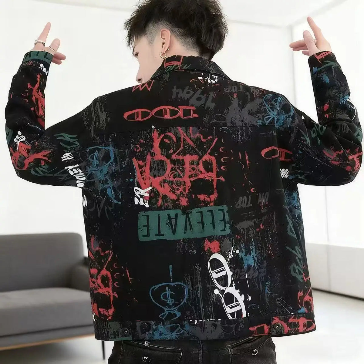 Men’s Vintage Print Denim Jacket – Loose Casual Long Sleeve Outerwear, Sizes M–XXXL