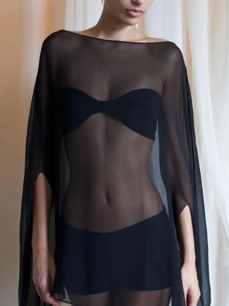 Women’s Sheer Chiffon Blouse Cover-Up Top – Sexy, Elegant, White & Black, Night Club
