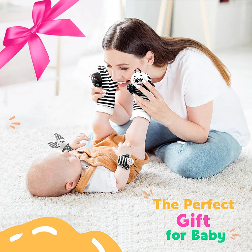 Baby Wrist Rattle & Foot Finder Sensory Toy Set – Black & White, Newborn Essential