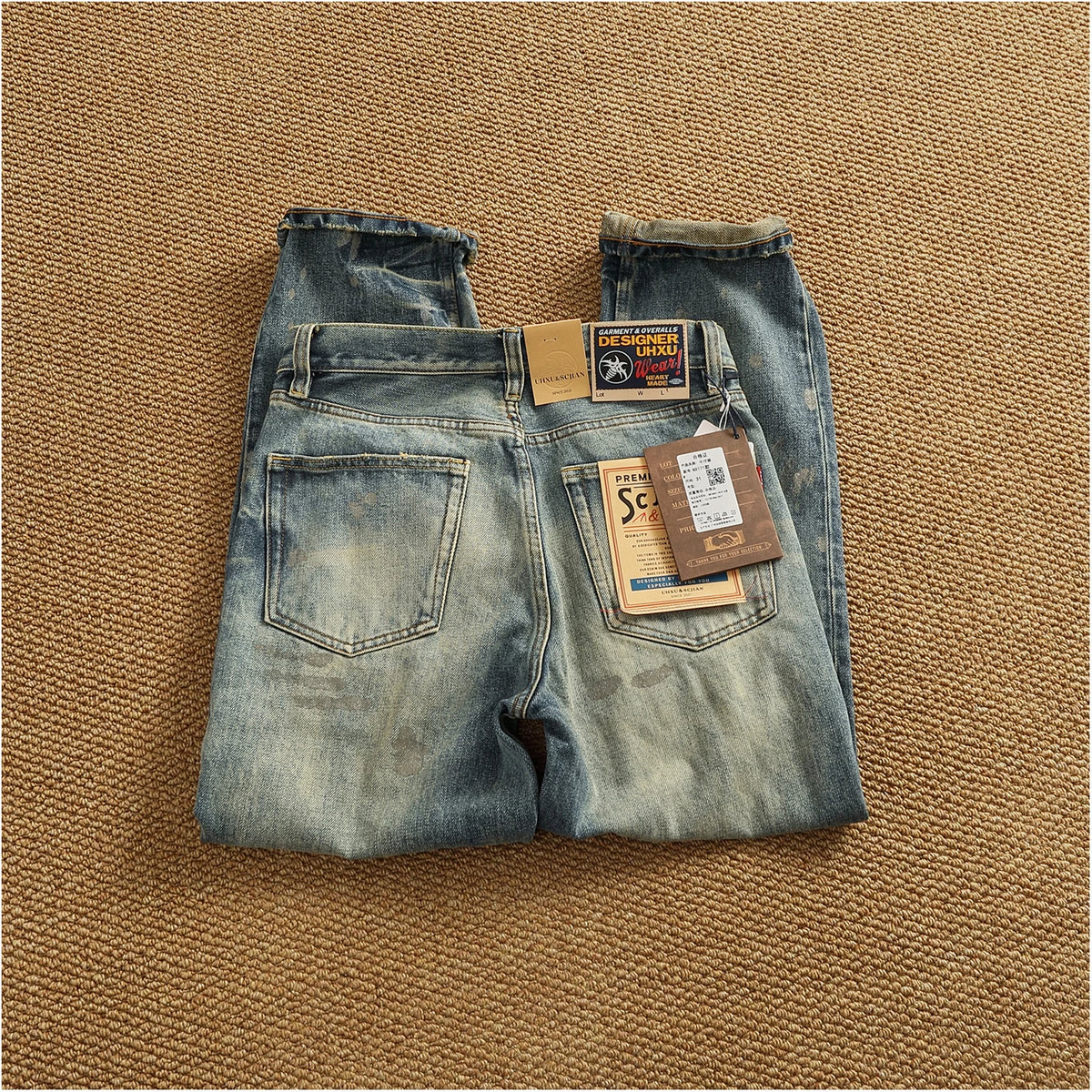 Men’s Retro Heavyweight Straight Tapered Jeans – 100% Cotton, Washed Denim, Sizes 29–38