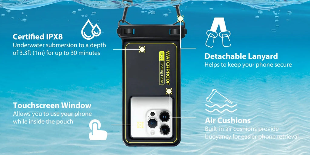 Universal Waterproof Phone Bag with Tether – Beach, Swimming, Skiing & Surfing