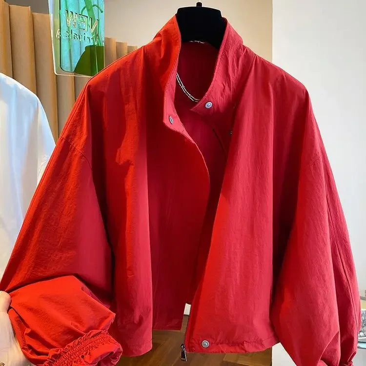 Women’s Red Stand Collar Zip-Up Jacket – Casual Loose Fit, Drawstring Cuffs, Autumn & Spring