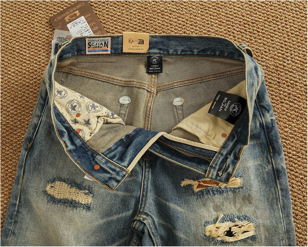 Men’s Retro Heavyweight Straight Tapered Jeans – 100% Cotton, Washed Denim, Sizes 29–38