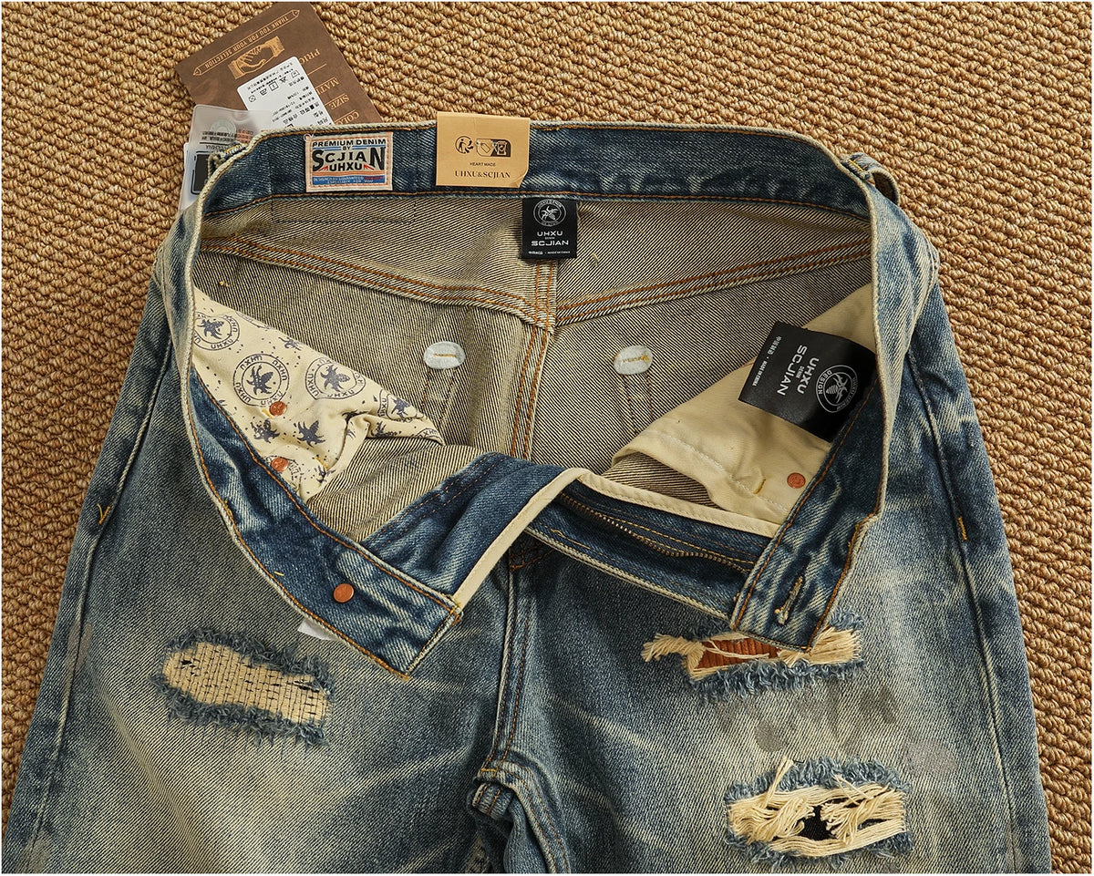 Men’s Retro Heavyweight Straight Tapered Jeans – 100% Cotton, Washed Denim, Sizes 29–38