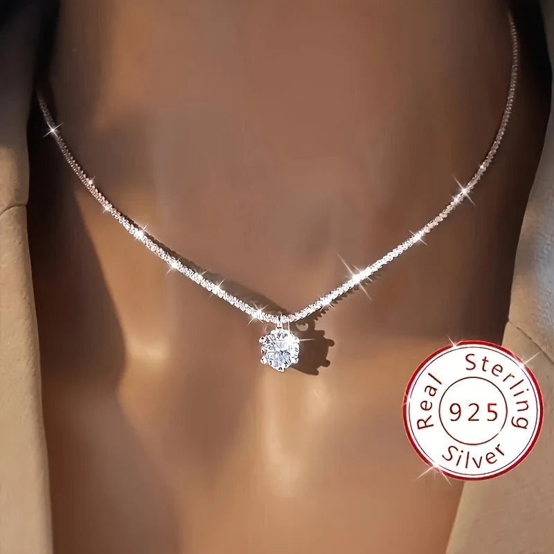925 Sterling Silver Zircon Pendant Clavicle Necklace – Sparkling, Women’s Party Jewelry