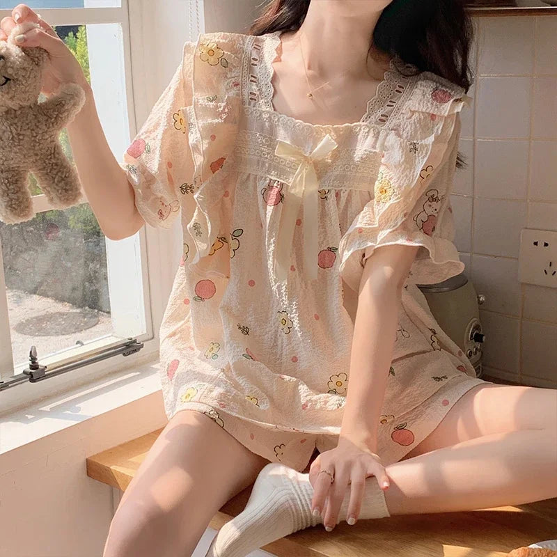 Women’s Kawaii Floral Print Short Sleeve Pajama Set – 2-Piece, Sizes M–XXL