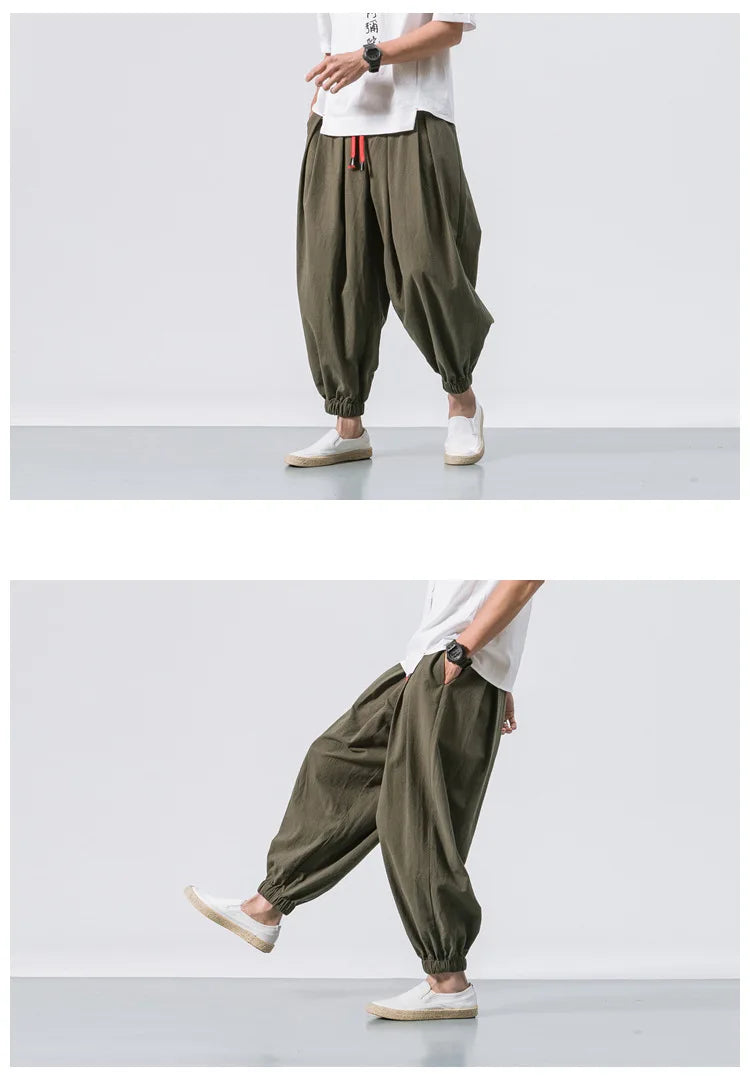 Men’s Oversized Cotton Linen Harem Jogger Pants – Chinese Style, Casual Trousers