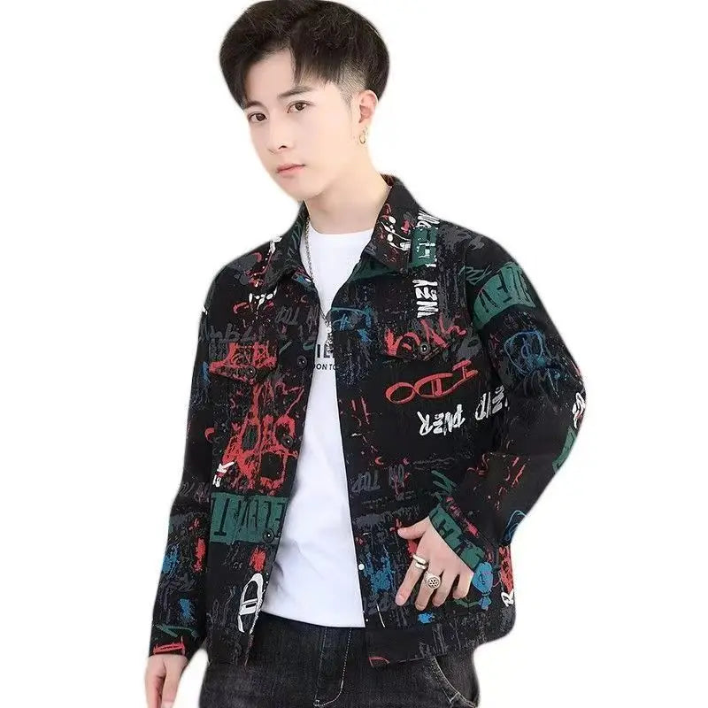 Men’s Vintage Print Denim Jacket – Loose Casual Long Sleeve Outerwear, Sizes M–XXXL