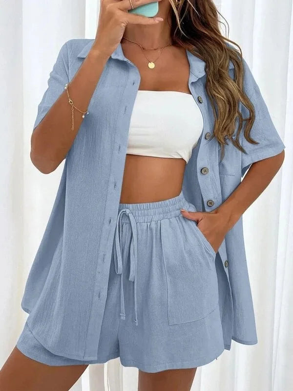 Women’s Cotton Button Shirt & Shorts Pajama Set – Casual 2-Piece, 6 Colors, Sizes S–XL