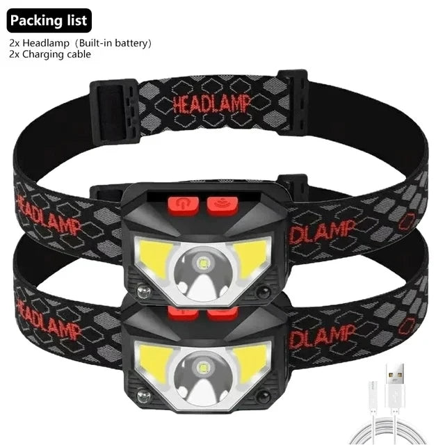 High Power COB LED Headlamp with Sensor Type-C Rechargeable IPX6 Waterproof Flashlight for Camping Running Fishing Head Light