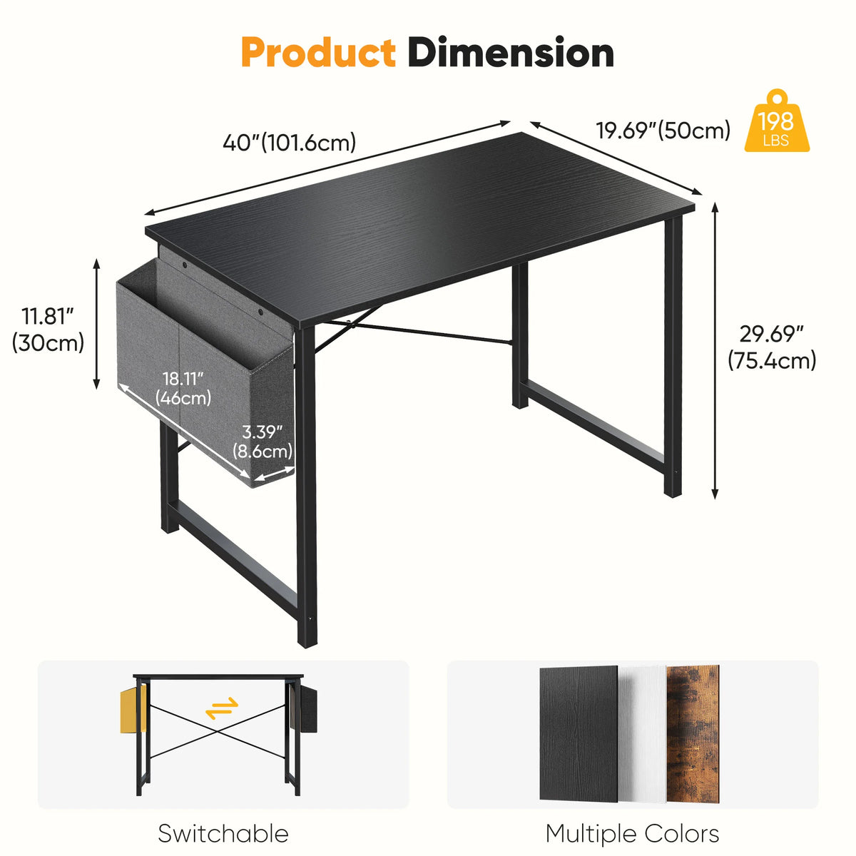 Computer Gaming Desk with Storage Bag – Metal Frame, Wood Tabletop, 31–55 Inch – Black, Rust, White