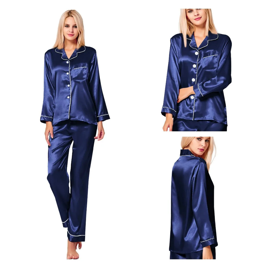 Women’s Silk Satin Button-Down Pajama Set – Long Sleeve, 6 Colors, Sizes S–XXL