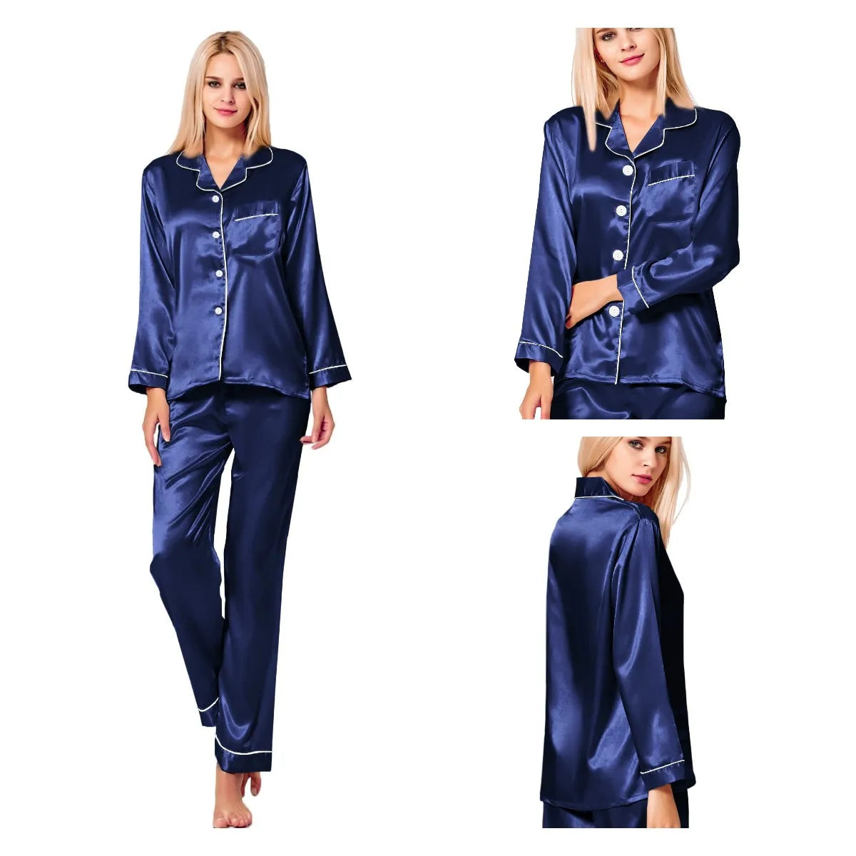Women’s Silk Satin Button-Down Pajama Set – Long Sleeve, 6 Colors, Sizes S–XXL
