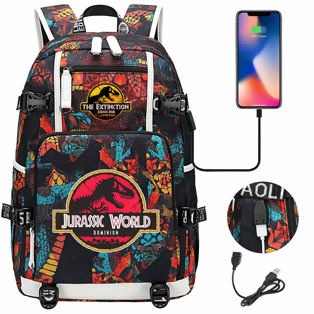 Jurassic World Dinosaur Backpack with USB Port – Large Capacity Laptop Bag for Men & Women