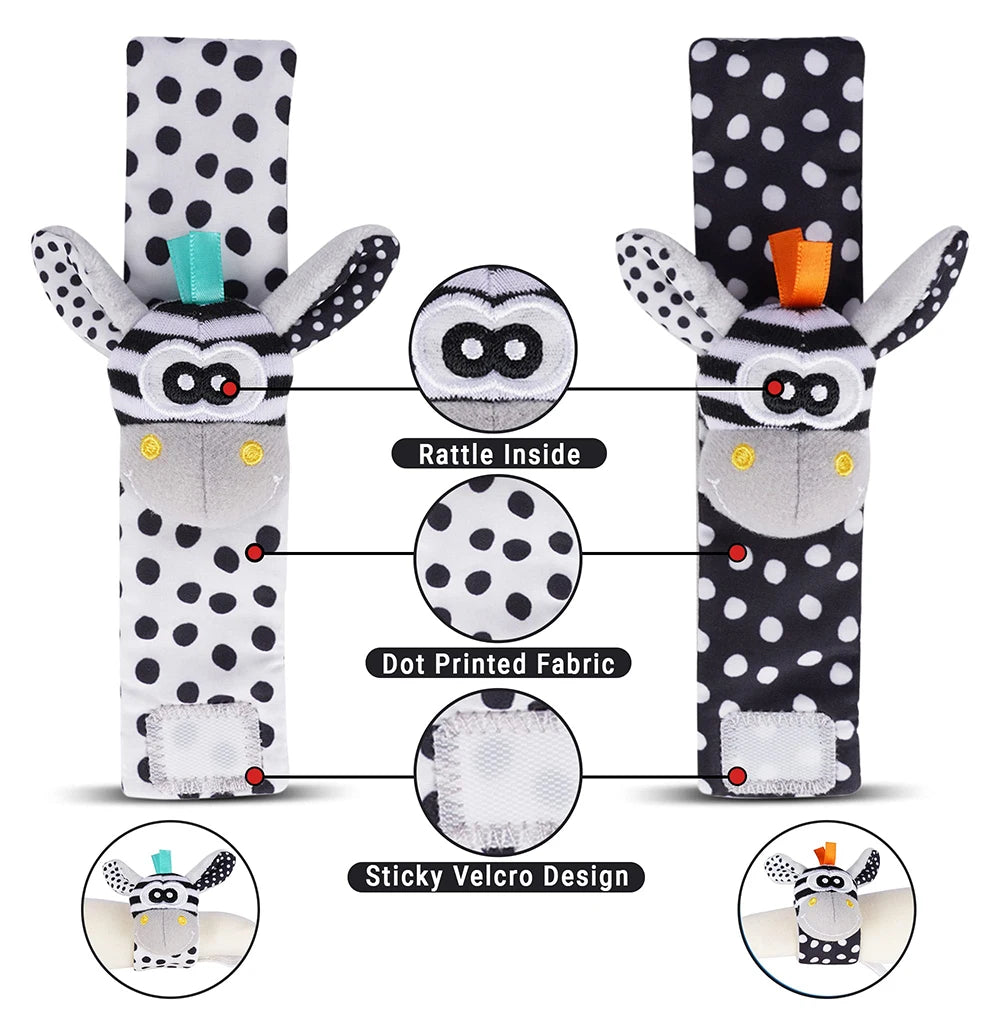 Baby Wrist Rattle & Foot Finder Sensory Toy Set – Black & White, Newborn Essential