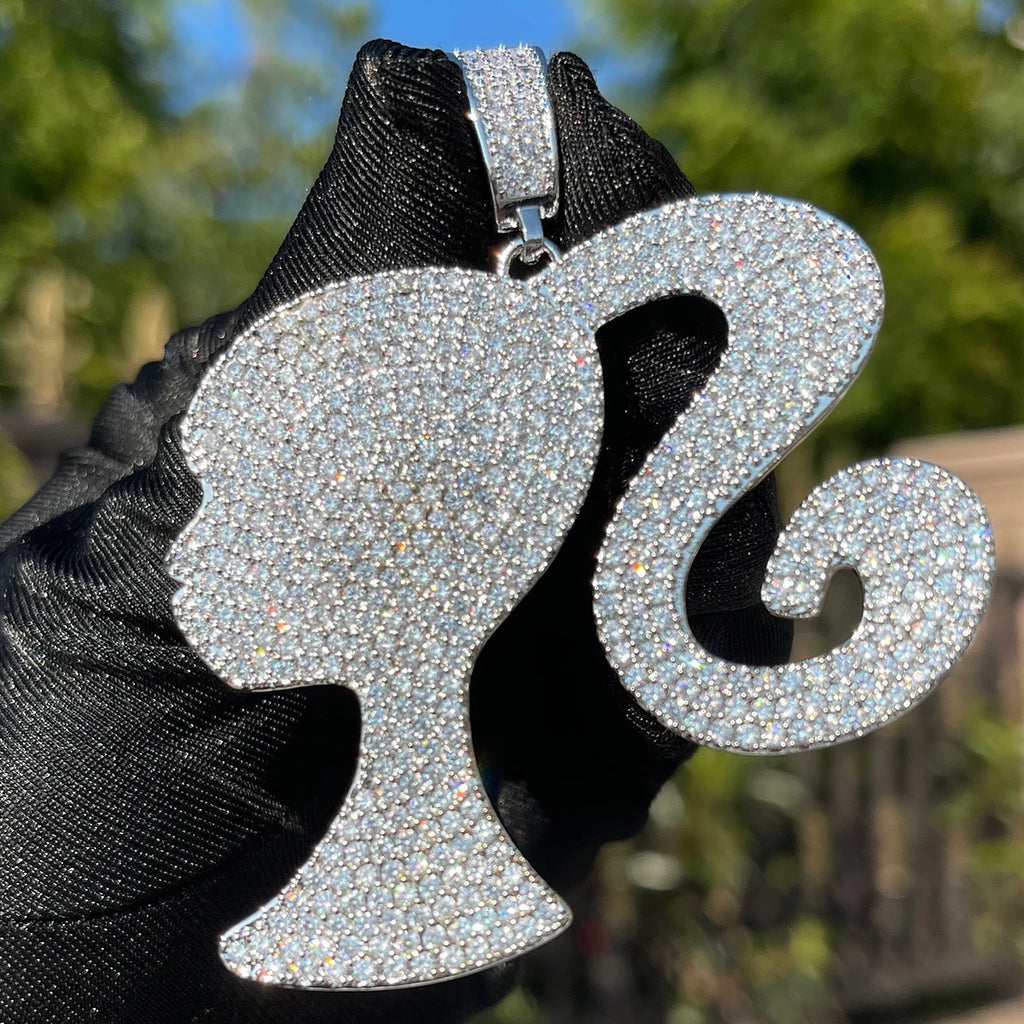 Gold Plated Bubble Letter Iced Out Doll Head Pendant Necklace – Hip Hop, Women’s Fashion