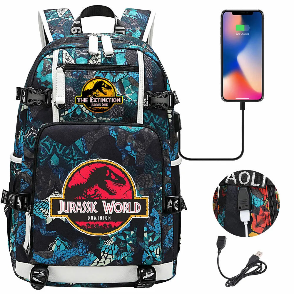 Jurassic World Dinosaur Backpack with USB Port – Large Capacity Laptop Bag for Men & Women