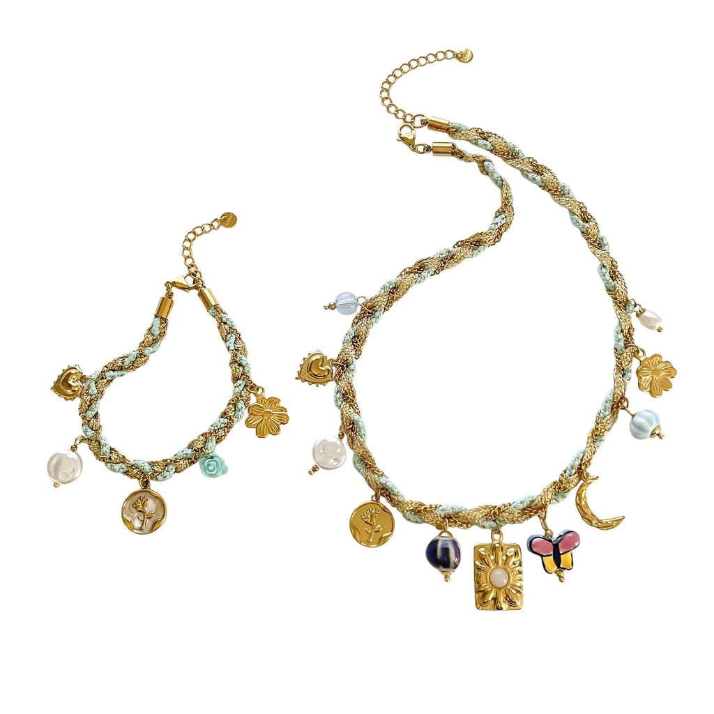Pearl Acrylic Pendant Necklace & Bracelet Jewelry Set – Woven Chain, Stainless Steel, Party