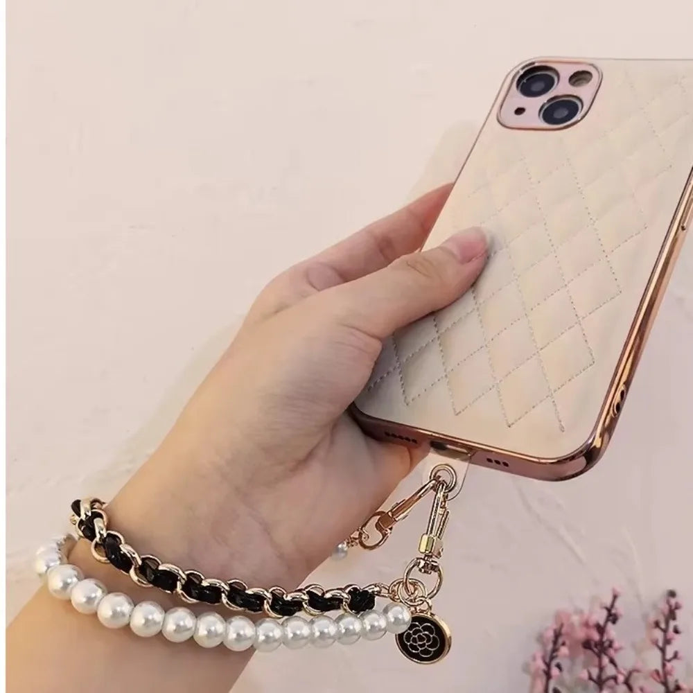 Leather Pearl Camellia Phone Charm Bracelet – Anti-Loss Wrist Strap, 26cm – White, Pink, Black