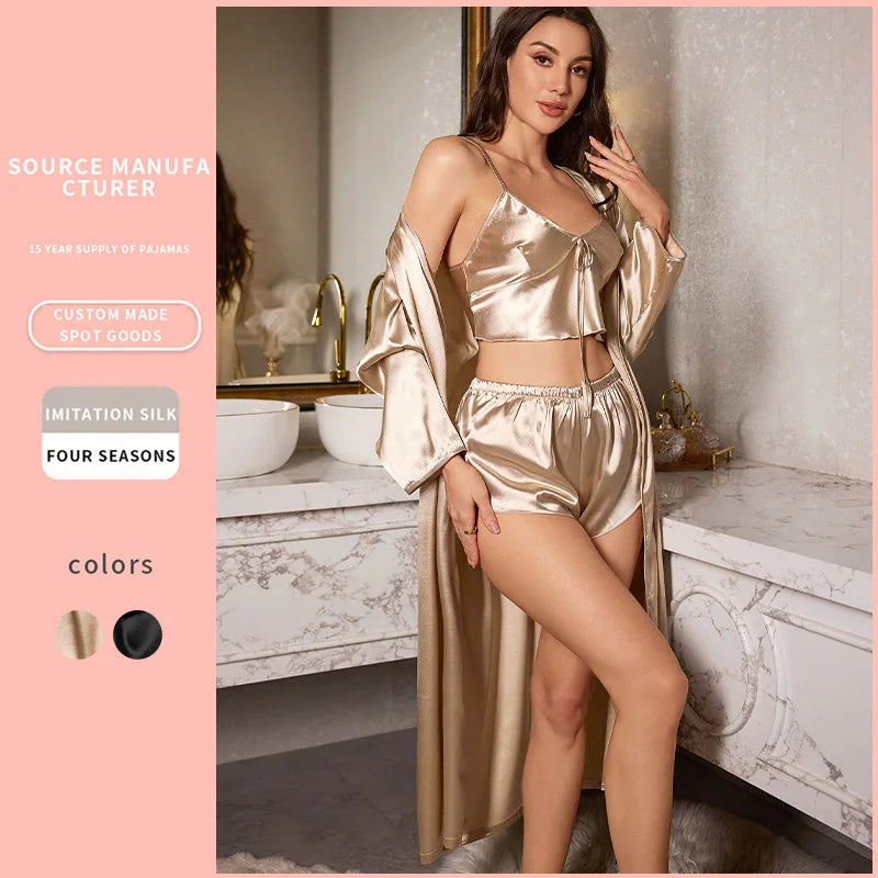 Women’s 3-Piece Satin Robe & Nightgown Set – Sling Dress & Short Robe, Sizes S–XL