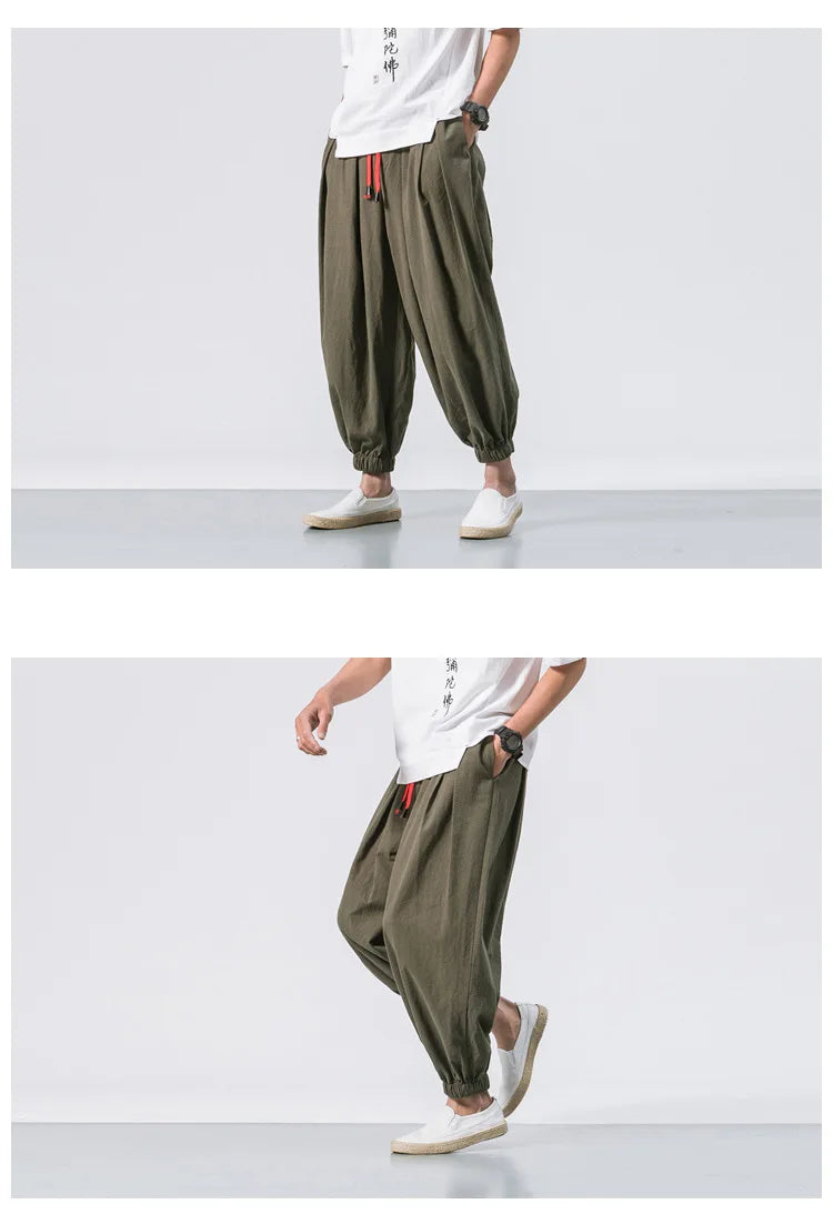 Men’s Oversized Cotton Linen Harem Jogger Pants – Chinese Style, Casual Trousers
