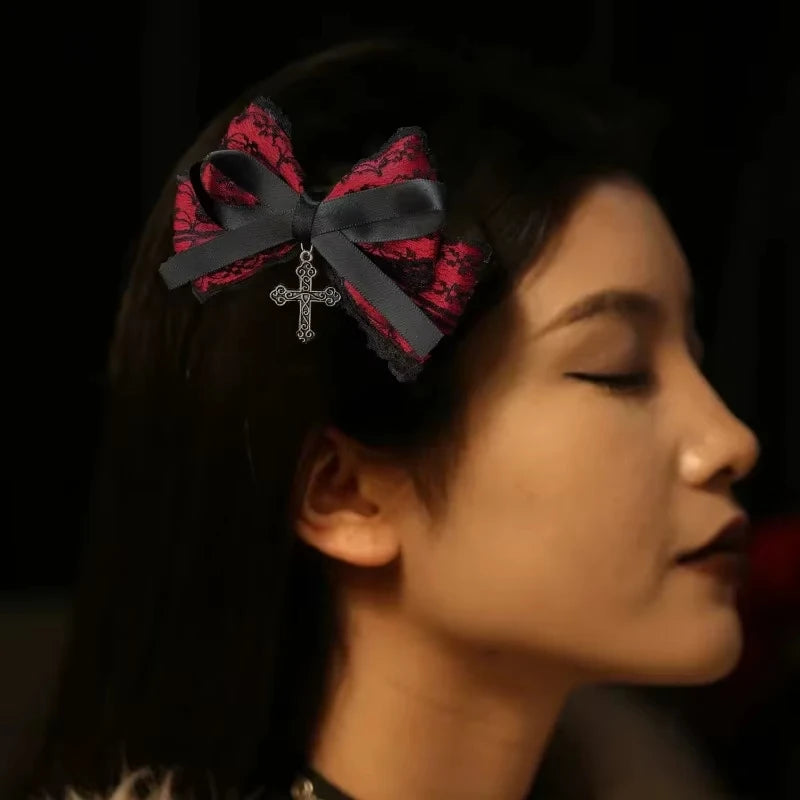 Y2K Gothic Cross Lace Bow Hair Clips – 2-Pack, Bowknot Hairpin, Red & Black
