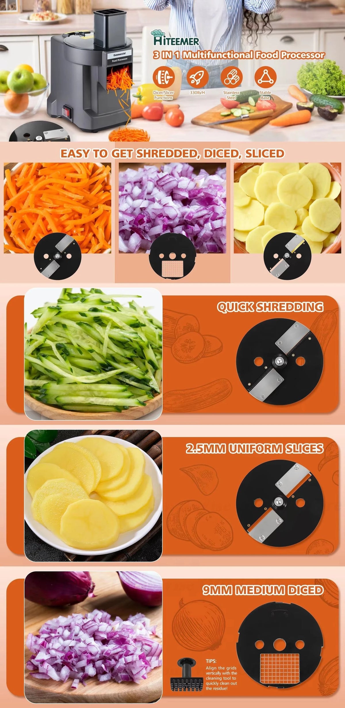 HomeWise K8600 3-in-1 Vegetable Cutter & Food Processor – Shred, Dice & Slice