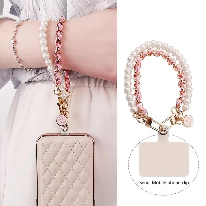Leather Pearl Camellia Phone Lanyard – Anti-Loss Wrist Strap – White, Pink, Black