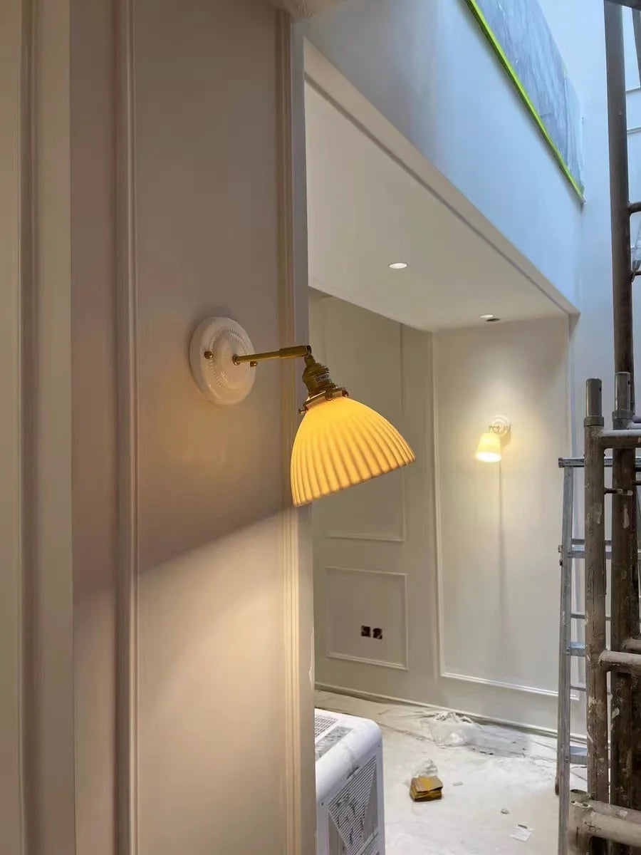 IWHD White Ceramic Nordic Wall Lamp – LED, Bedroom & Bathroom, Copper Accent, 4W–100W