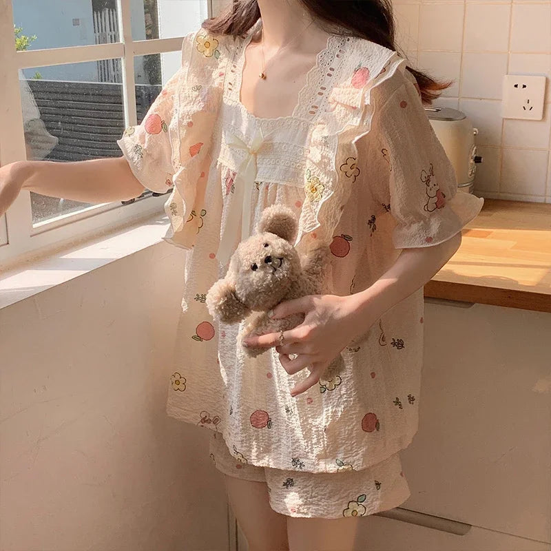 Women’s Kawaii Floral Print Short Sleeve Pajama Set – 2-Piece, Sizes M–XXL