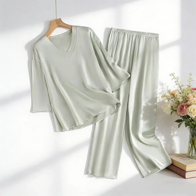 100% Mulberry Silk Satin Pajama Set – V-Neck, Three-Quarter Sleeve, 7 Colors, Sizes L–1XL
