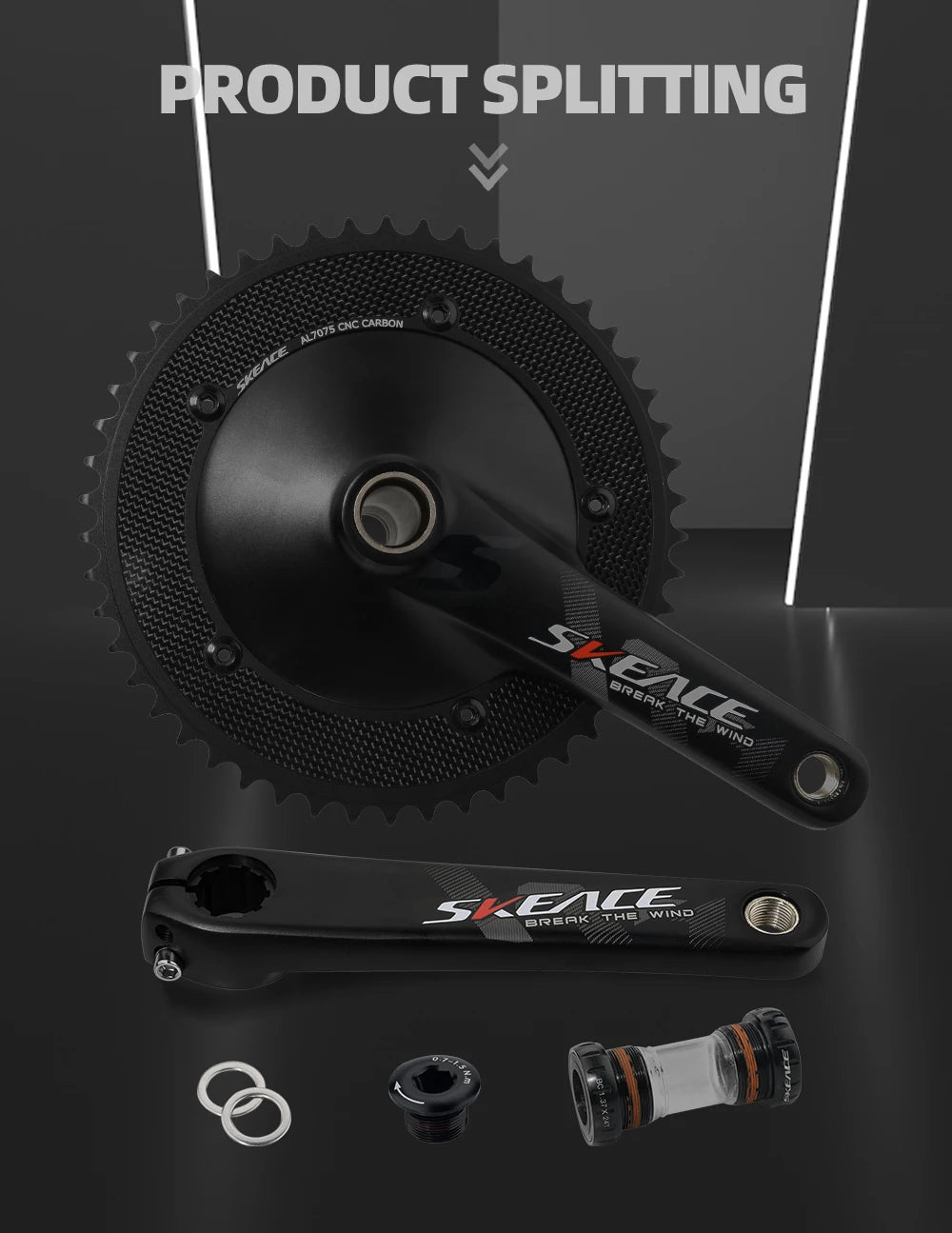 SKEACE Hollowtech Fixed Gear Bike Crankset – 49T/50T Carbon Chainwheel, 165mm Aluminum Alloy