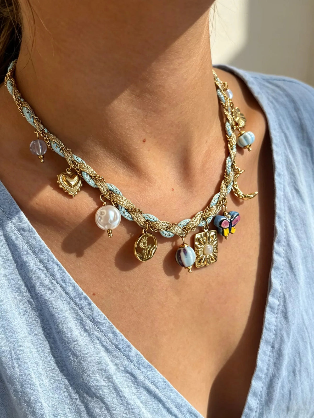 Pearl Acrylic Pendant Necklace & Bracelet Jewelry Set – Woven Chain, Stainless Steel, Party