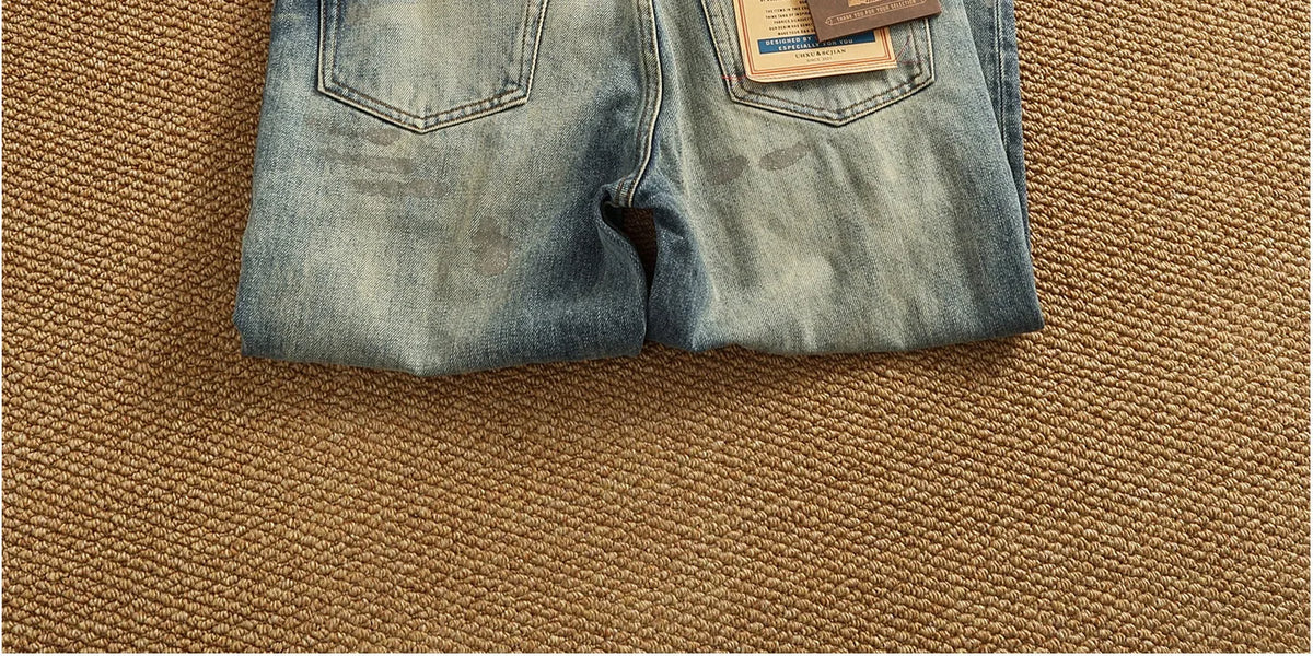 Men’s Retro Heavyweight Straight Tapered Jeans – 100% Cotton, Washed Denim, Sizes 29–38
