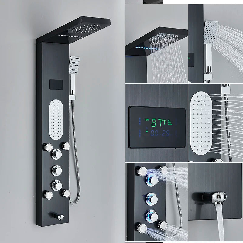Luxury LED Waterfall Shower Panel System | Rain, Massage Jets & Hand Shower
