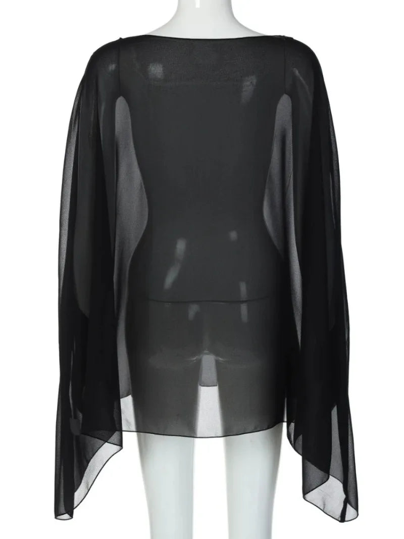 Women’s Sheer Chiffon Blouse Cover-Up Top – Sexy, Elegant, White & Black, Night Club