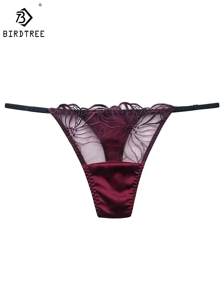 BirdTree 93% Silk Lace Embroidery G-String Thong – Transparent, 6 Colors
