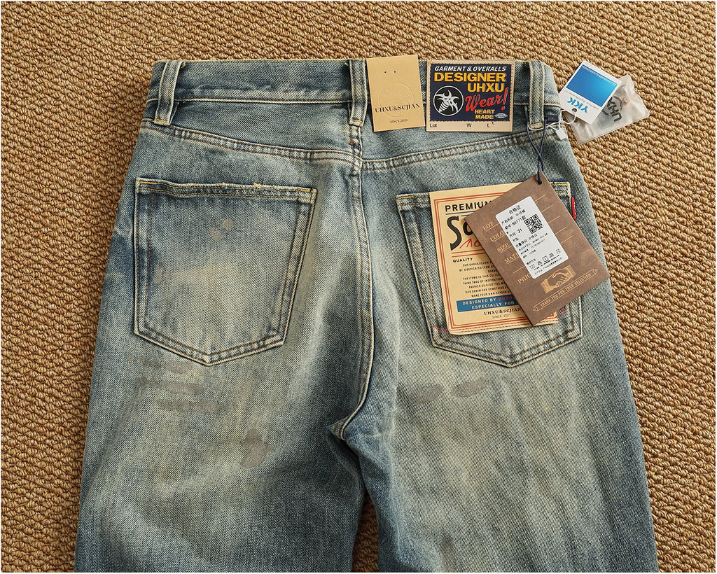 Men’s Retro Heavyweight Straight Tapered Jeans – 100% Cotton, Washed Denim, Sizes 29–38