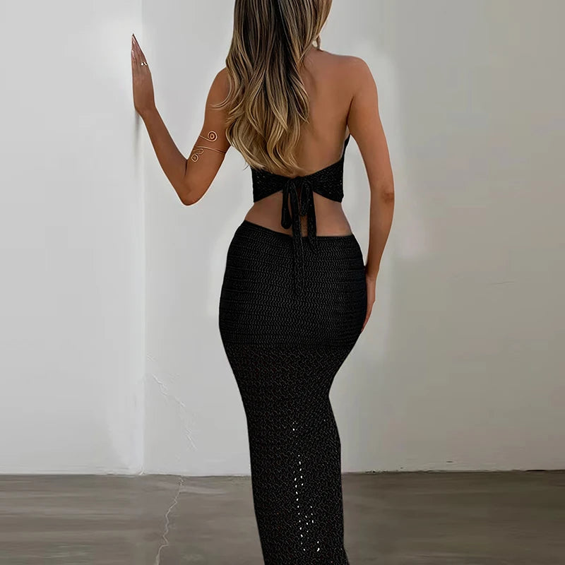 Women’s Knit Crop Top & Long Skirt Set – Sexy Vacation & Travel Outfit, Plain Pattern