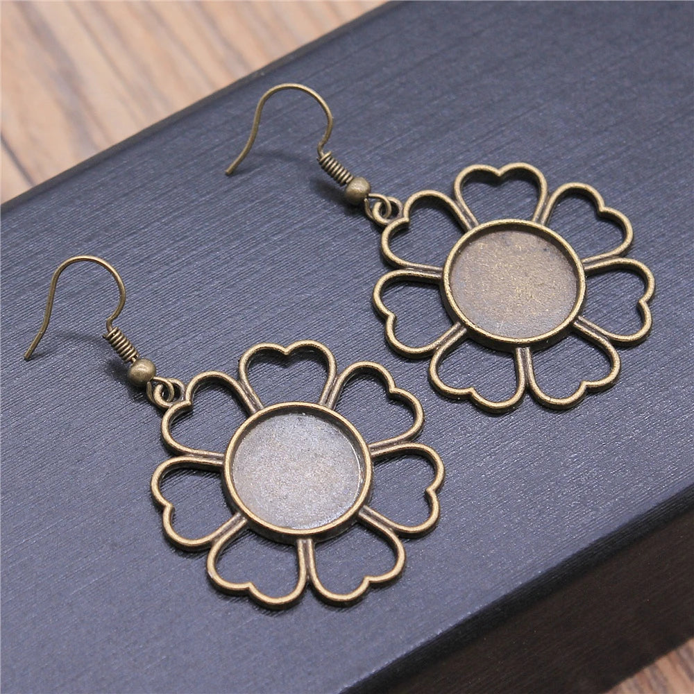 Vintage Bronze Flower Cameo Cabochon Dangle Earrings – 14mm Round, Women’s Party Gift