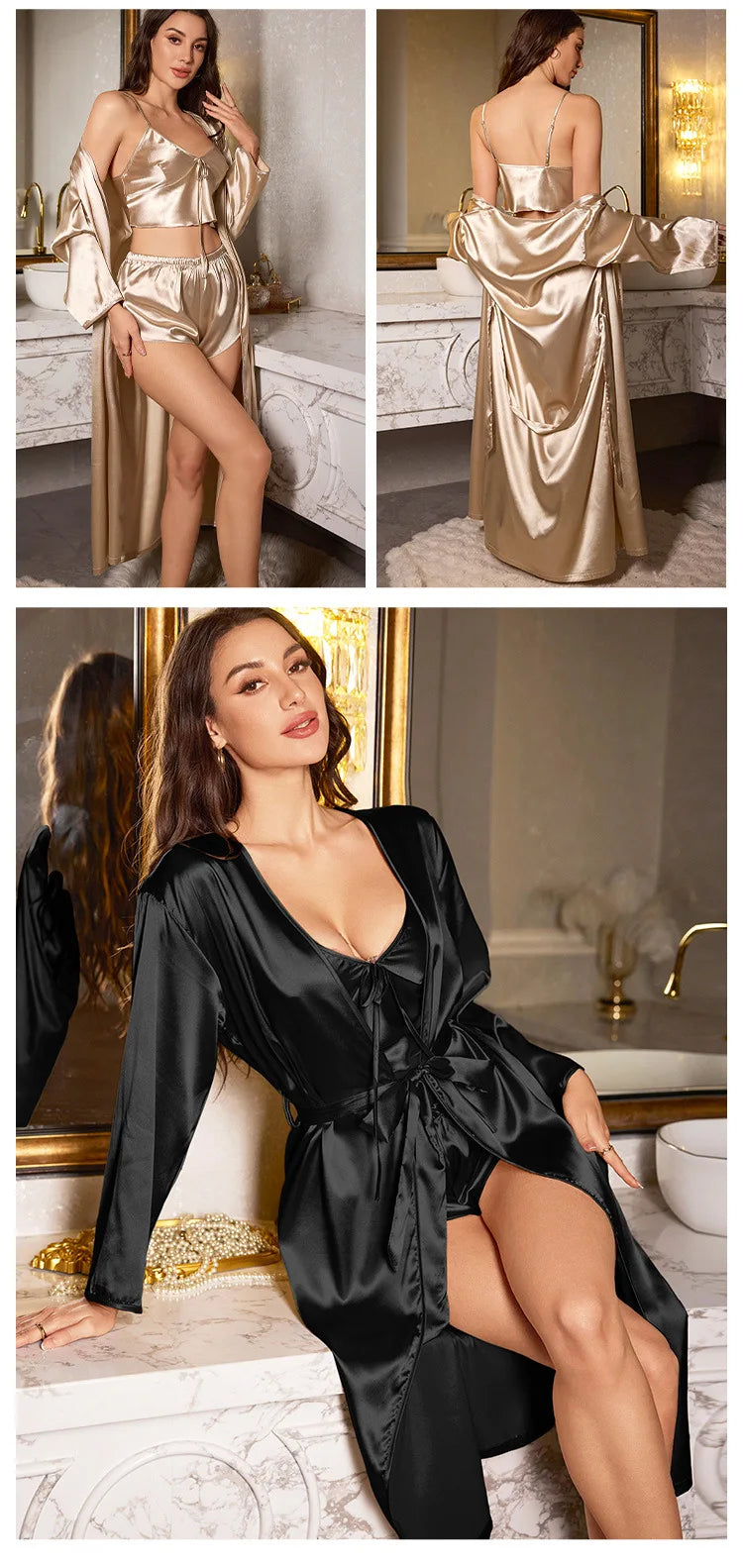 Women’s 3-Piece Satin Robe & Nightgown Set – Sling Dress & Short Robe, Sizes S–XL