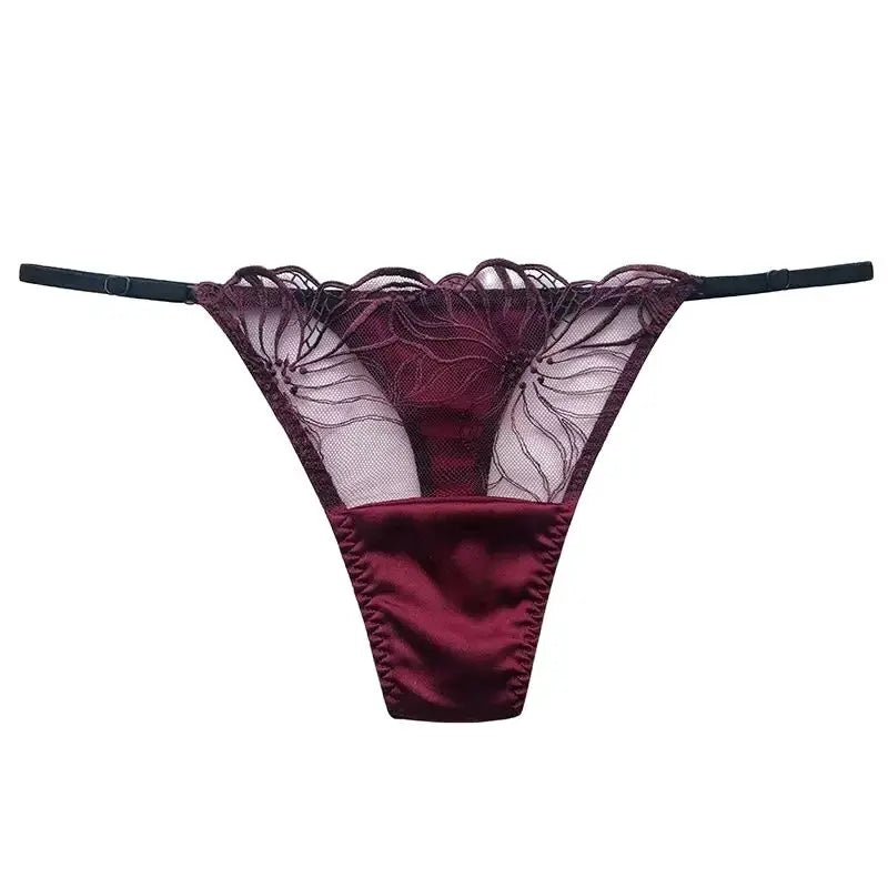 BirdTree 93% Silk Lace Embroidery G-String Thong – Transparent, 6 Colors