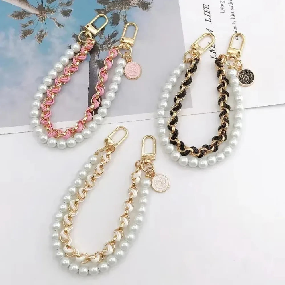 Leather Pearl Camellia Phone Charm Bracelet – Anti-Loss Wrist Strap, 26cm – White, Pink, Black