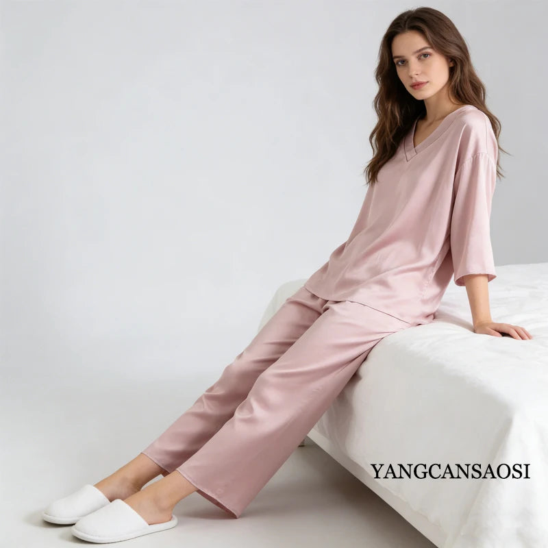100% Mulberry Silk Satin Pajama Set – V-Neck, Three-Quarter Sleeve, 7 Colors, Sizes L–1XL