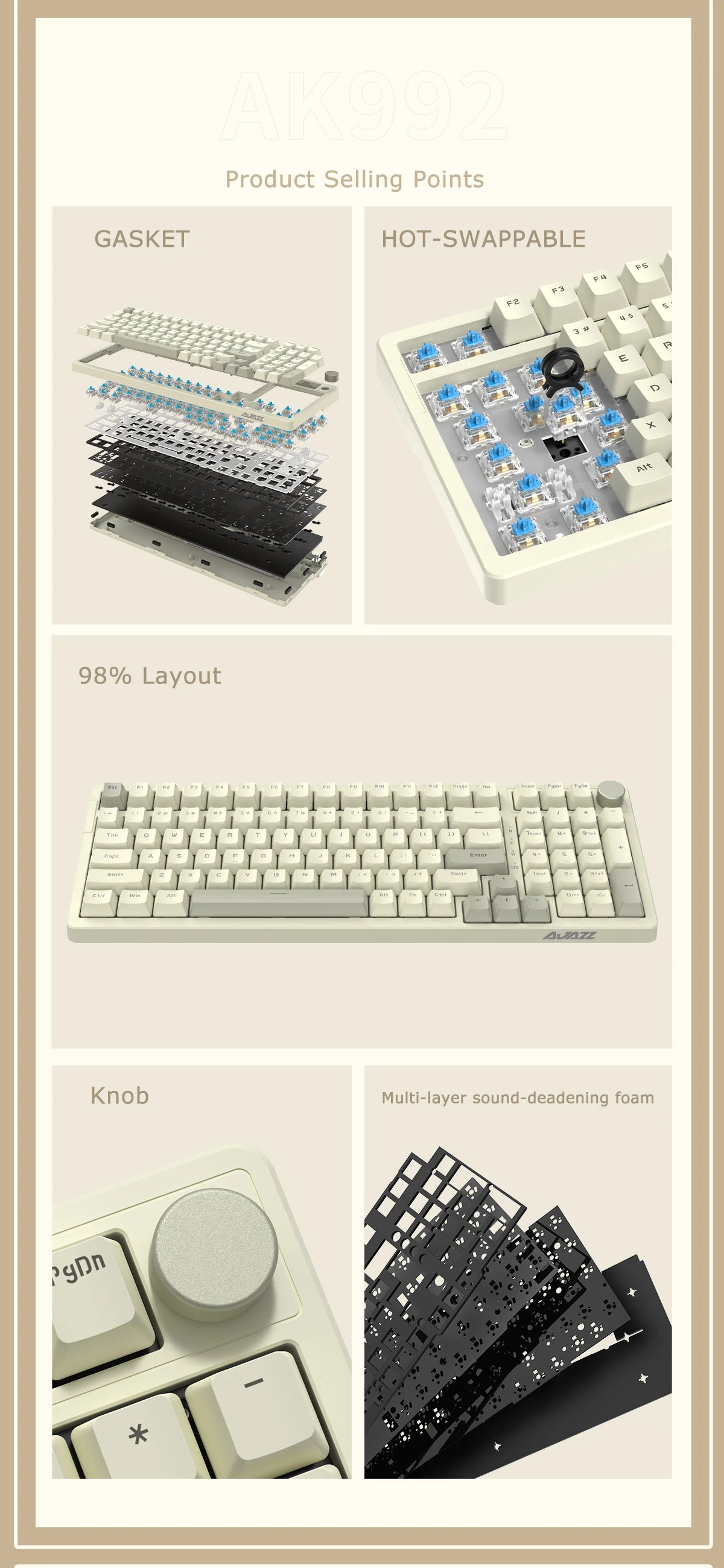 Ajazz AK992 98-Key Hot-Swap Wired Mechanical Gaming Keyboard – Multimedia Knob, USB