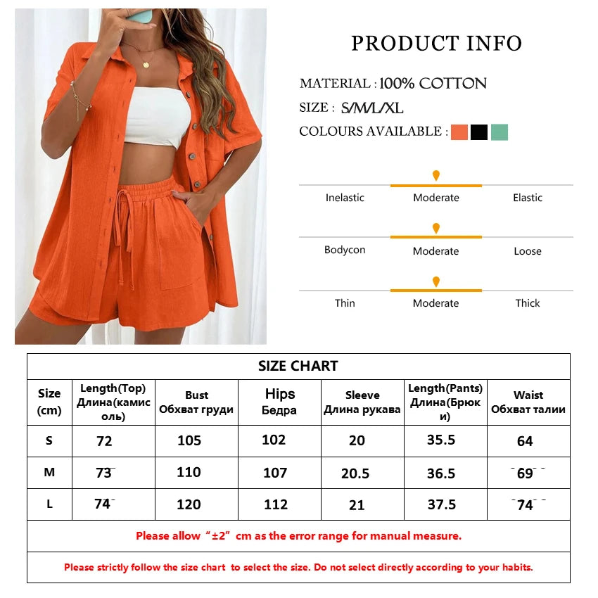 Women’s Cotton Button Shirt & Shorts Pajama Set – Casual 2-Piece, 6 Colors, Sizes S–XL