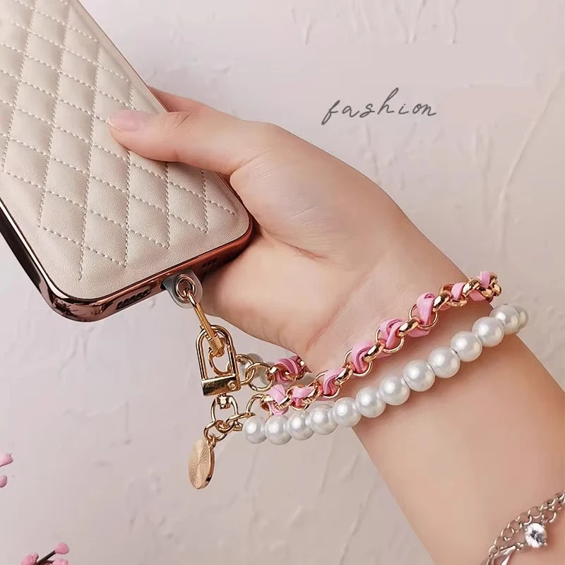 Leather Pearl Camellia Phone Lanyard – Anti-Loss Wrist Strap – White, Pink, Black