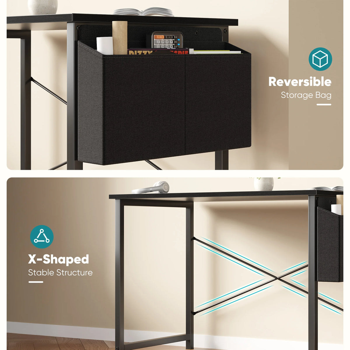 Computer Gaming Desk with Storage Bag – Metal Frame, Wood Tabletop, 31–55 Inch – Black, Rust, White