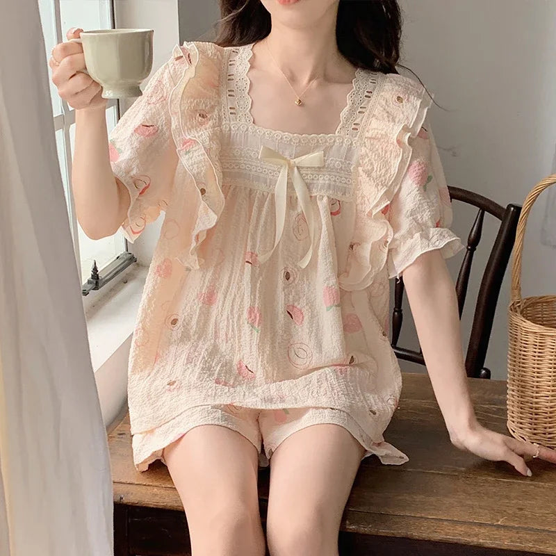 Women’s Kawaii Floral Print Short Sleeve Pajama Set – 2-Piece, Sizes M–XXL