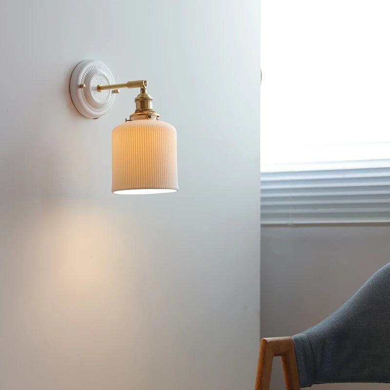 IWHD White Ceramic Nordic Wall Lamp – LED, Bedroom & Bathroom, Copper Accent, 4W–100W